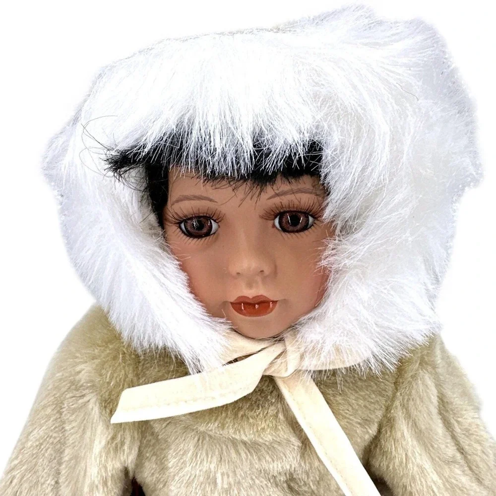Vintage Porcelain Eskimo Doll Faux‎ Fur Hooded Outfit Display Collectible